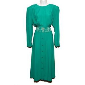 Vintage 80s 90s Karin Stevens blouson midi dress Size 12 Green embroidered